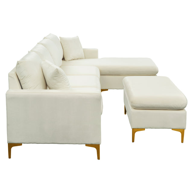 【EAT 3.10】110.6" Sectional Sofa with Ottoman, L-Shape Elegant Velvet Upholstered Couch with 2 Pillows for Living Room Apartment,Cream White