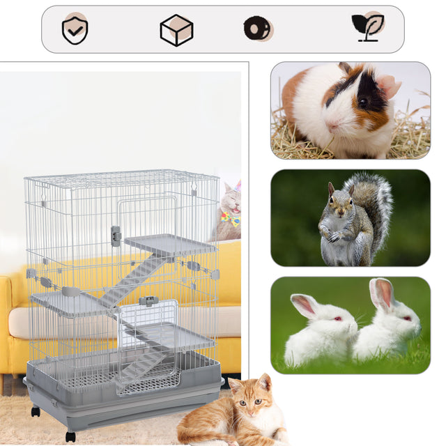 4-Tier 32"Small Animal Metal Cage Height Adjustable with Lockable Casters Grilles Pull-out Tray for Rabbit Chinchilla Ferret Bunny Guinea Pig Squirrel Hedgehog(GREY)(=OLD SKU:W69133215)