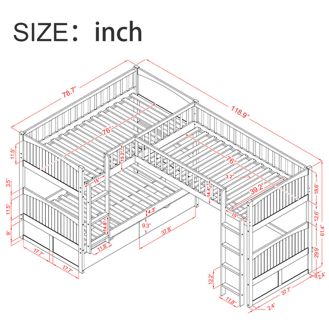 Twin Size Bunk Bed with a Loft Bed attached, with Two Drawers,Gray