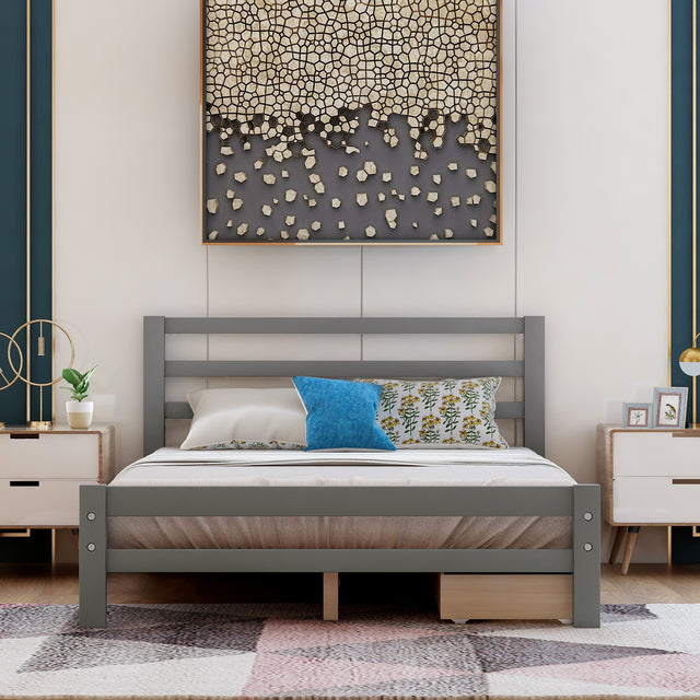 Wood platform bed with two drawers, full (gray)
