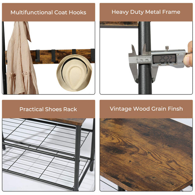 Hall Tree Coat Rack Shoe Bench with Hooks, 3-in1 Hall Tree Coat Shoe Rack Stand, 3-Tier Shoe Bench with Coat Hat Rack for Entryway Hall Foyer Mudroom Bedroom, Easy Assembly, Rustic Brown