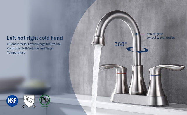 2-Handle 4-Inch Brushed Nickel Bathroom Faucet, Bathroom Vanity Sink Faucets with Pop-up Drain and Supply Hoses