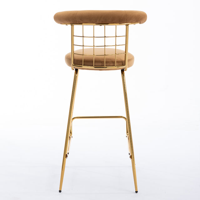 Bar Stool Set of 2, Luxury Velvet High Bar Stool with Metal Legs and Soft Back, Pub Stool Chairs Armless Modern Kitchen High Dining Chairs with Metal Legs, Camel