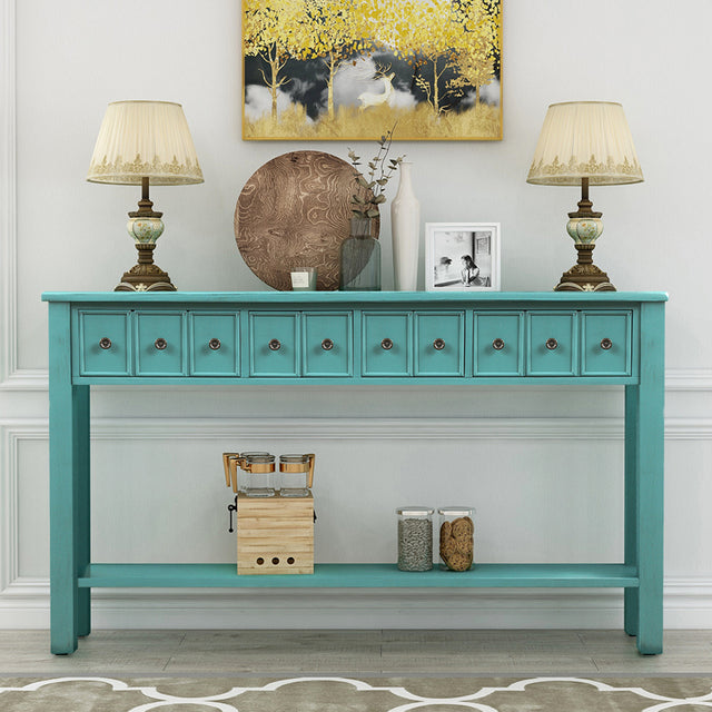 TREXM Rustic Entryway Console Table, 60" Long Sofa Table with two Different Size Drawers and Bottom Shelf for Storage (Blue)