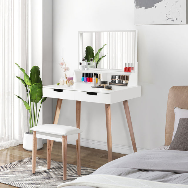 Wooden Mirror Vanity Desk Makeup Table,White