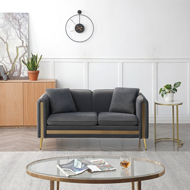 59” Modern Upholstered Velvet Loveseat Sofa 2 Seater Couch with Removable Cushions Side Pocket Mid-Century Tufted Living Room Set Gold Metal Legs,2 Pillows Included,Grey