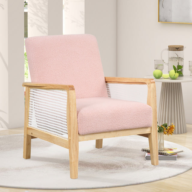 【EAT 3.10】Mid-Century Armchair Rattan Mesh Upholstered Accent Chair,Teddy Short Plush Particle Velvet Armchair for Living Room,Bedroom, Office, Studio,Pink