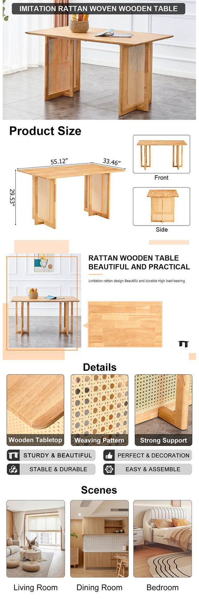 Dining Table.Chinese-style Rural Retro MDF Dining Table, Simple Modern Imitation Rattan Dining Table, Wooden Dining Table, Office Table.Suitable for Dining Room, Living Room and Office