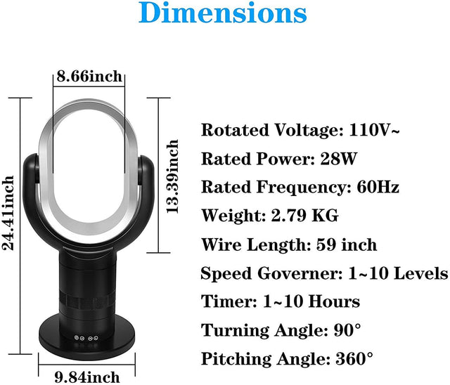HealSmart Medium size portable bladeless fan, small table fan, 10 speeds settings, 10-hour timing closure bladeless fan, stylish and modern fan, low noise, lightweight, 24 inches, black