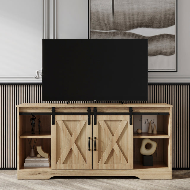 TV Stand Sliding Barn Door Modern&Farmhouse Wood Entertainment Center, Storage Cabinet Table Living Room with Adjustable Shelves for TVs Up to 65", Rustic Oak