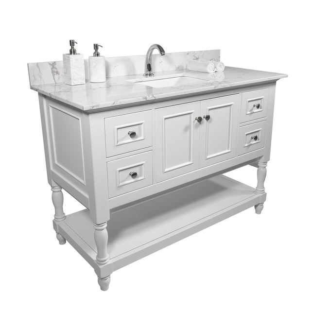 Montary 43‘’x22" bathroom stone vanity top engineered stone carrara white marble color with rectangle undermount ceramic sink and single faucet hole with back splash .