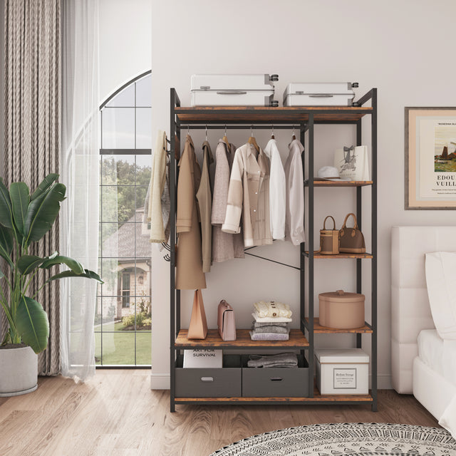 JHX Organized Garment Rack with Storage, Free-Standing Closet System with Open Shelves and Hanging Rod(Rustic Brown,45.3’’w x 15.75’’d x 70.08’’h).
