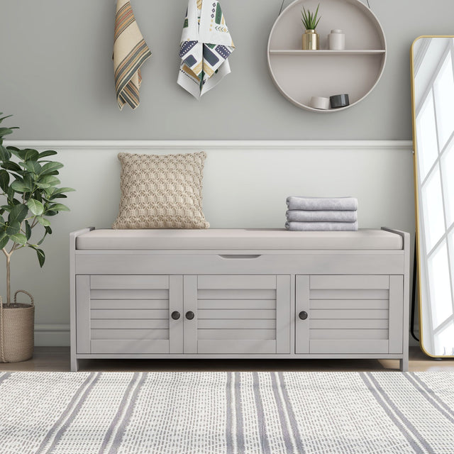 TREXM Storage Bench with 3 Shutter-shaped Doors, Shoe Bench with Removable Cushion and Hidden Storage Space (Gray Wash)