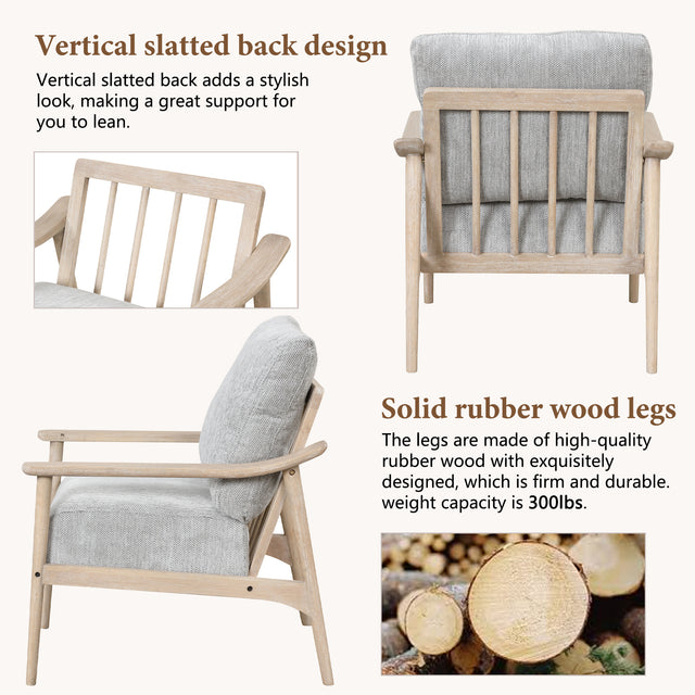 【EAT 3.10】Mid Century Modern Chair with Solid Wood Frame,Arm Chair with Vertical Slatted Back,Thick Pad Upholstered Accent Chair for Living Room, Bedroom, Belcony, Natural