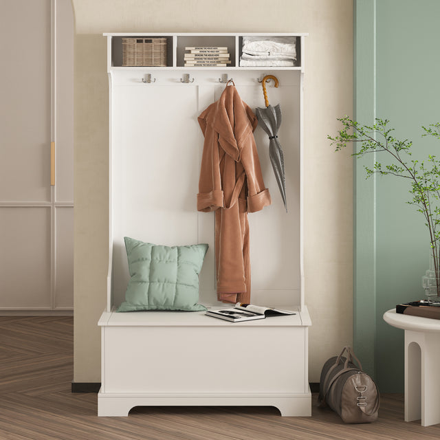 ON-TREND Hall Tree with 4 Hooks and Hinged Lid, Coat Hanger, Entryway Bench, Storage Bench, 3-in-1 Design, for Entrance, Hallway (White)