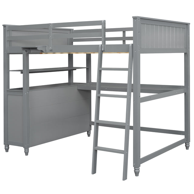 Full size Loft Bed with Drawers and Desk, Wooden Loft Bed with Shelves - Gray(OLD SKU:LT000529AAE)