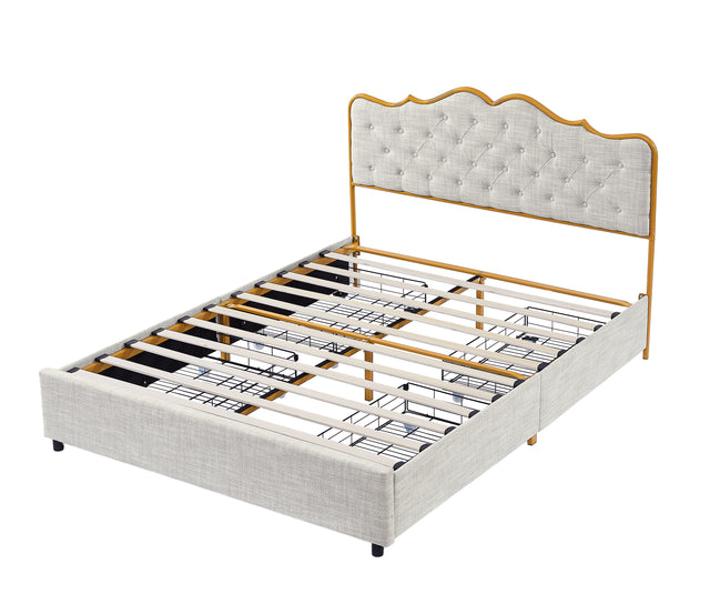 Classic buckle backrest, metal frame, solid wood ribs, with four storage drawers, sponge soft bag, comfortable and elegant atmosphere, light gray, f-size