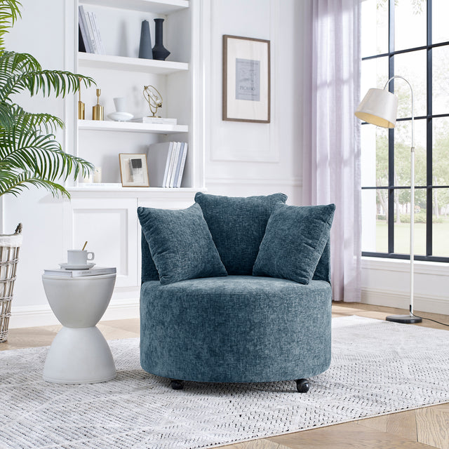 Modern Chenille Upholstered Swivel Backrest Chair for Living Room, with Movable Wheels, Including 3 Pillows, Navy
