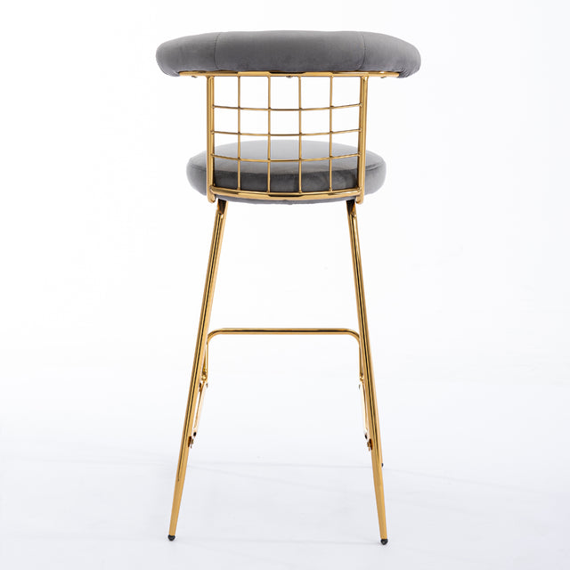 Bar Stool Set of 2, Luxury Velvet High Bar Stool with Metal Legs and Soft Back, Pub Stool Chairs Armless Modern Kitchen High Dining Chairs with Metal Legs, Grey