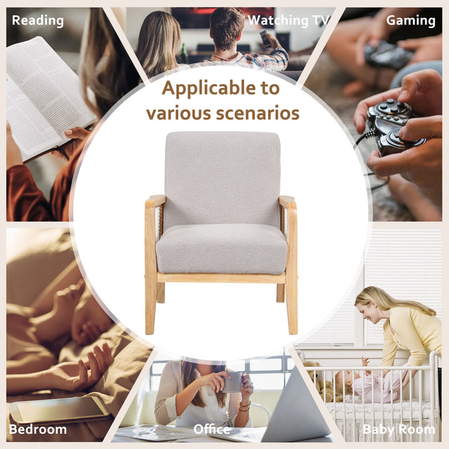 【EAT 3.10】Mid-Century Armchair Rattan Mesh Upholstered Accent Chair,Teddy Short Plush Particle Velvet Armchair for Living Room,Bedroom, Office, Studio,Grey
