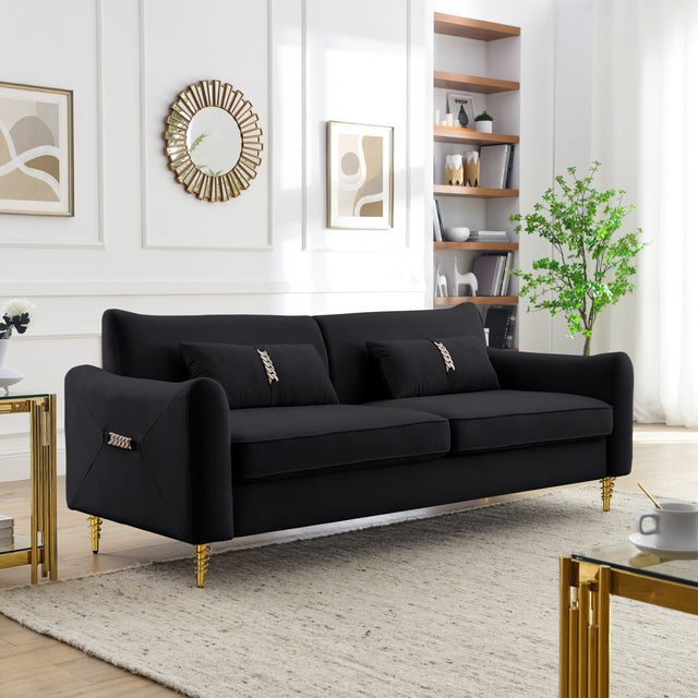 80.3" Modern Sofa Couch Upholstered Sofa Tufted Back Comfy Velvet Long Couch with 2 Pillows and Golden Legs for Living Room, Bedroom, Office, Apartment, Black