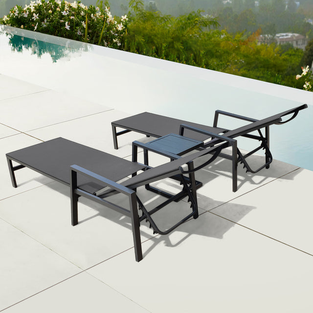 Outdoor 3-Pcs Set Chaise Lounge Chairs With Table,Five-Position Adjustable Aluminum Recliners Set,All Weather For Patio,Beach,Yard, Pool(Grey Frame/Dark Gray Fabric)