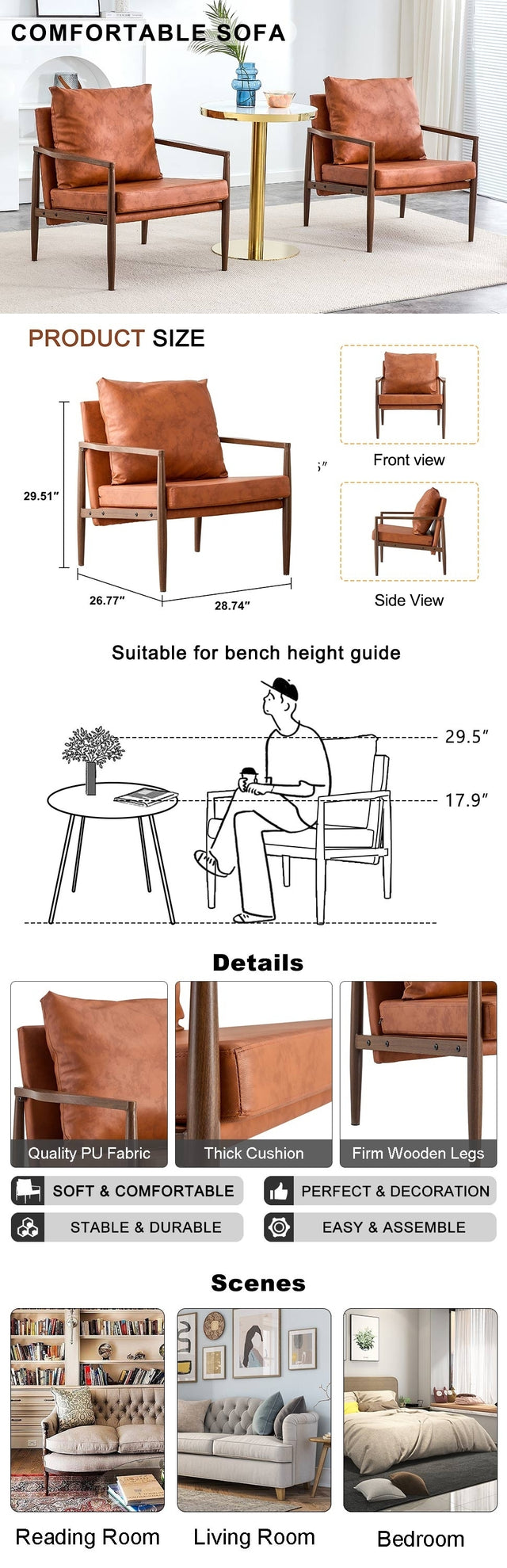 Sofa Chair Set of 2.PU Leather Accent Arm Chair Mid Century Modern Upholstered Armchair with Imitation solid wood Walnut color Metal Frame Extra-Thick Padded Backrest and Seat Cushion Sofa Chairs