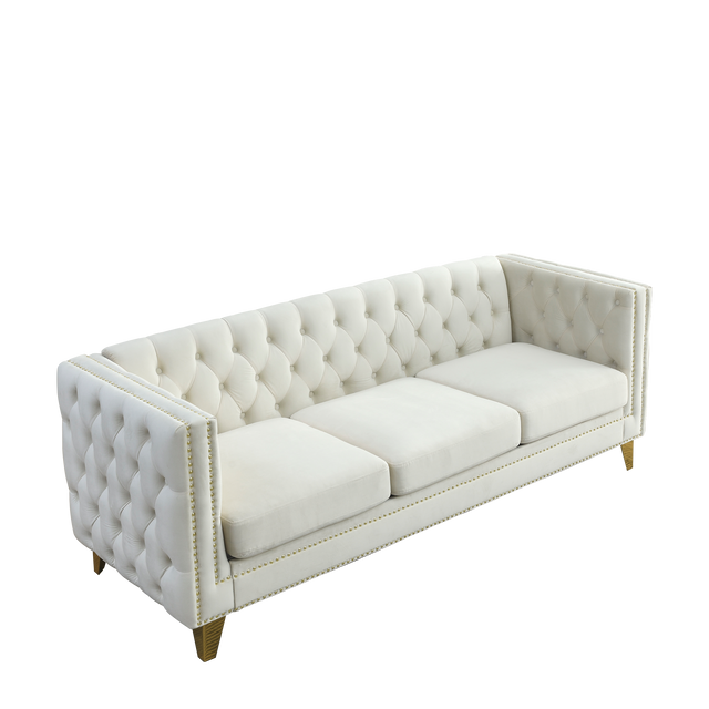 {Contact us for 3D modeling} Velvet Sofa for Living Room,Buttons Tufted Square Arm Couch, Modern Couch Upholstered Button and Metal Legs, Sofa Couch for Bedroom, Beige Velvet