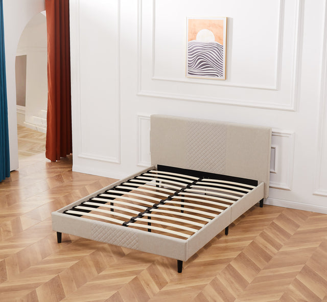 Full Size Platform Bed Frame with Fabric Upholstered Headboard and Wooden Slats Support, Fully Upholstered Mattress Foundation/No Box Spring Needed/Easy Assembly, Beige