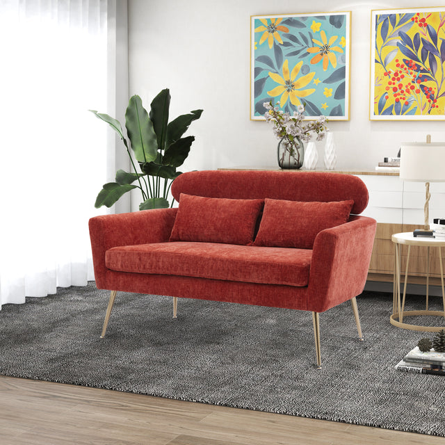 51"W Modern Chenille Loveseat Small Sofa Small Mini Room Couch Two-Seater Sofa With 2 Throw Pillows Gold Metal Legs for Small Space Office Studio Apartment Bedroom, Terracotta Chenille