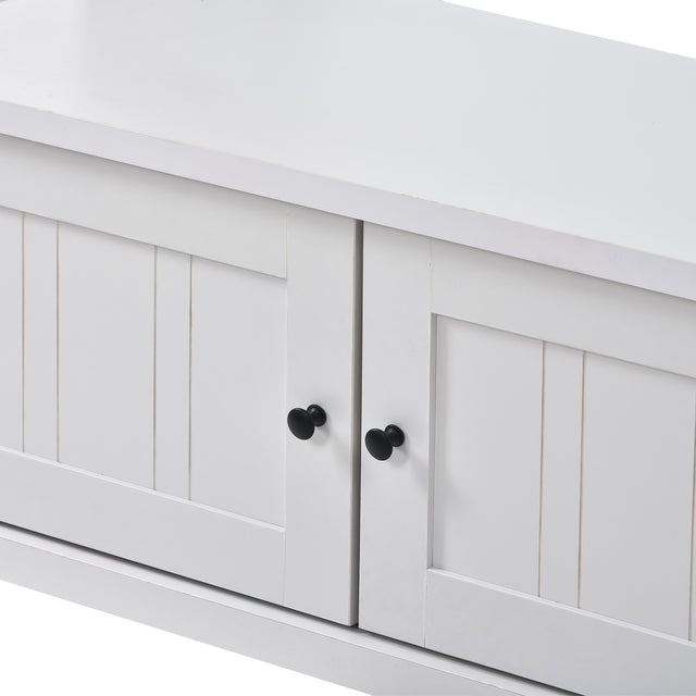 ON-TREND Hall Tree Entryway Bench with Shelves Cabinet and Four Hooks, 3-in-1 Design, White
