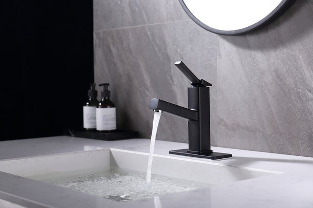 Bathroom Sink Faucet with Pull Out Sprayer, Single Handle Basin Mixer Tap for Hot and Cold Water, Lavatory Pull Down Vessel Sink Faucet with Rotating Spout