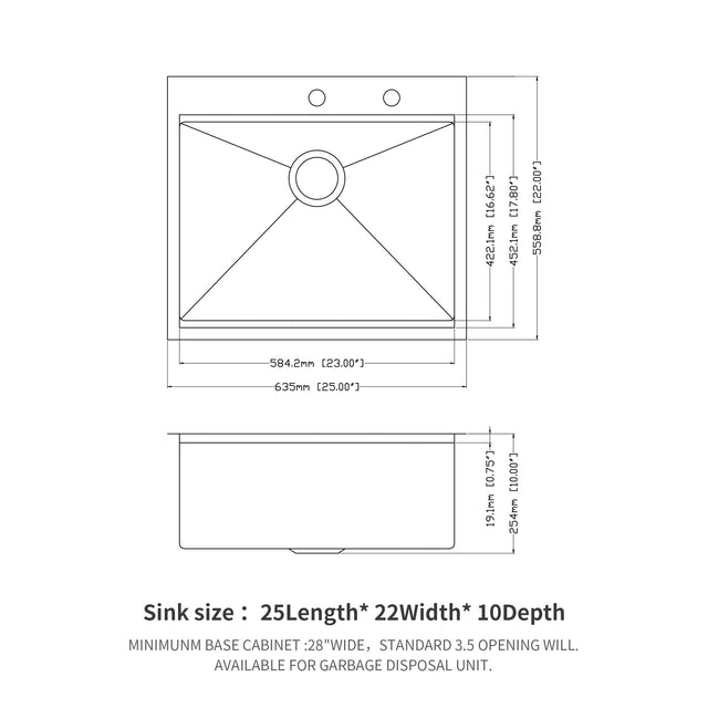 25 in Kitchen Sink Stainless Steel 16 Gauge Ledge Workstation Sink Drop-in Topmount Single Bowl Single Bowl Sink