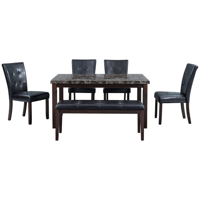 6-piece Faux Marble Dining Table Set with one Faux Marble Dining Table ,4 Chairs and 1 Bench, Table: 60”x38”x 30”,Chair: 20.2”x28.5”x39”, Black