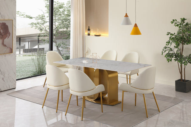71" Contemporary Dining Table in Gold with Sintered Stone Top and U shape Pedestal Base in Gold finish with 6 pcs Chairs .