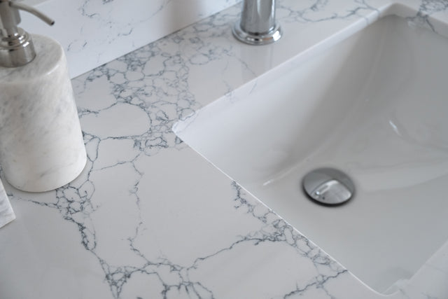 Montary 31"x 22" bathroom stone vanity top Carrara jade engineered marble color with undermount ceramic sink and single faucet hole with backsplash