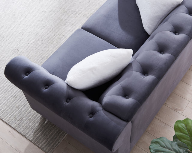Loveseat Living Room Sofa, with Button and Copper Nail on Arms and Back, Two White Villose Pillow, Velvet Grey (60"x34.5"x30")