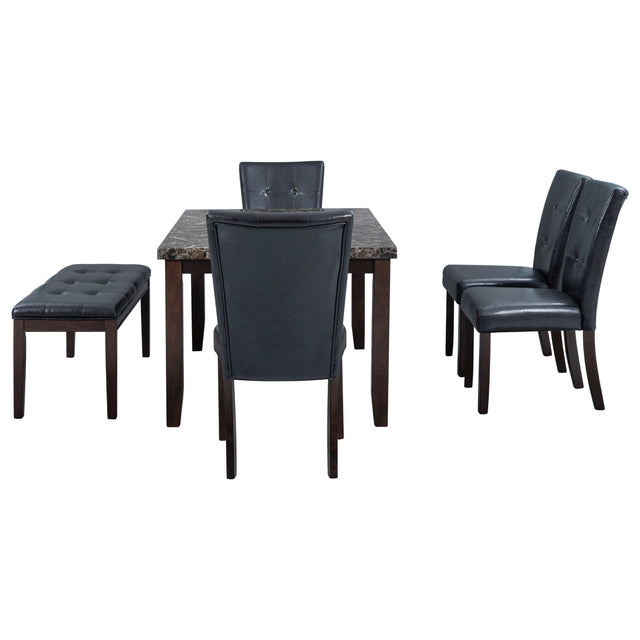 6-piece Faux Marble Dining Table Set with one Faux Marble Dining Table ,4 Chairs and 1 Bench, Table: 60”x38”x 30”,Chair: 20.2”x28.5”x39”, Black