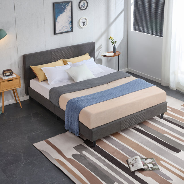Queen Size Velvet Upholstered Tufted Platform Bed Frame / Mattress Foundation / Wood Slat Support / No Box Spring Needed / Easy Assembly, Queen, Platform Bed Only, Dark Grey