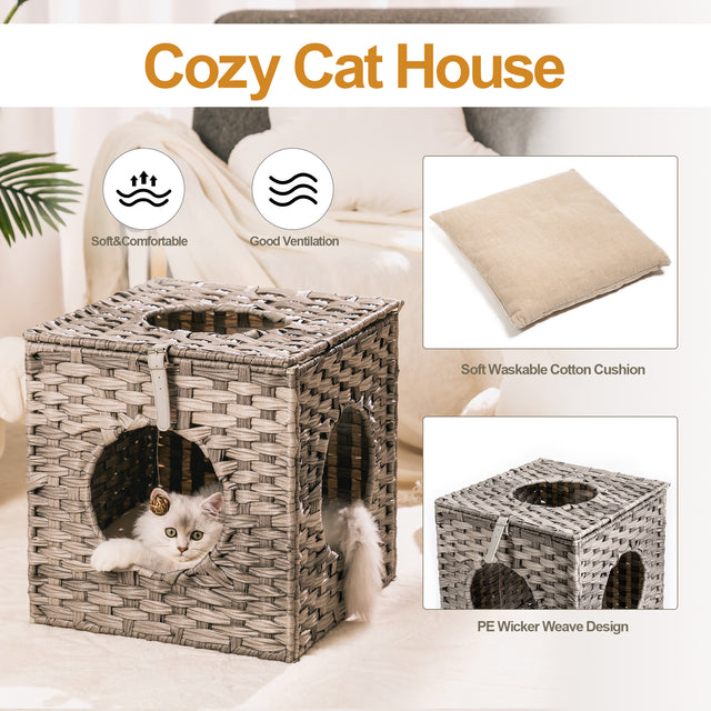 Rattan Cat Litter,Cat Bed with Rattan Ball and Cushion,Grey