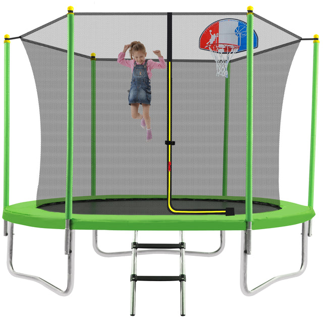 10FT Trampoline for Kids with Safety Enclosure Net, Basketball Hoop and Ladder, Easy Assembly Round Outdoor Recreational Trampoline