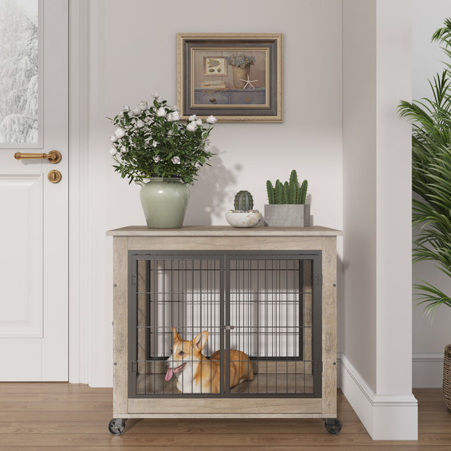 Furniture Style Dog Crate Side Table on Wheels with Double Doors and Lift Top. (Grey,31.50’’W*22.05’’D*25’’H)