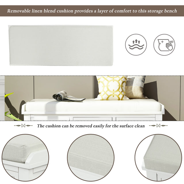 TREXM Rustic Storage Bench with 3 Drawers and 3 Rattan Baskets, Shoe Bench for Living Room, Entryway (White)