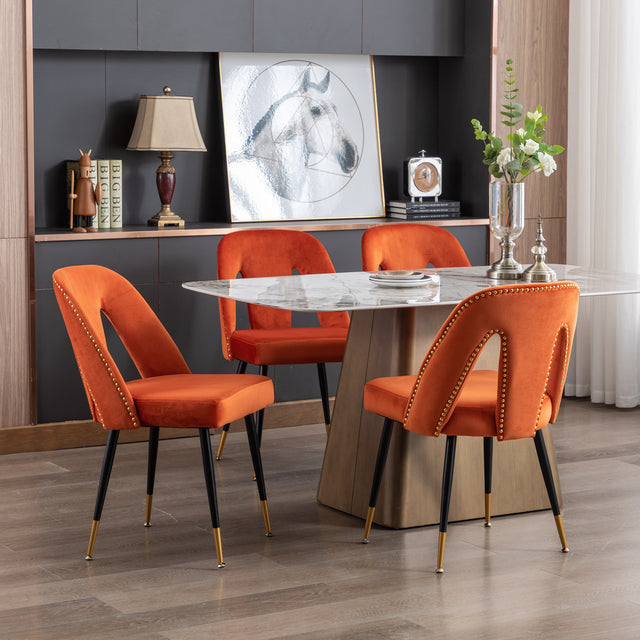 A&A Furniture,Akoya Collection Modern | Contemporary Velvet Upholstered Dining Chair with Nailheads and Gold Tipped Black Metal Legs, Orange,Set of 2