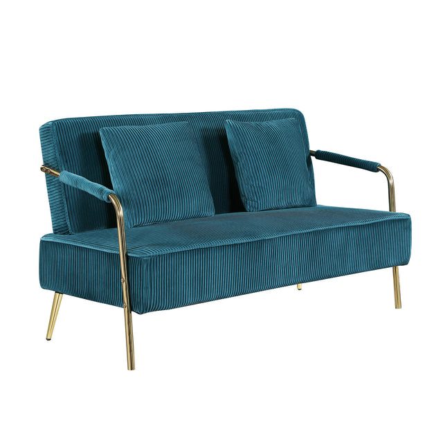 56" Width Modern Upholstered Pleated Velvet Loveseat Comfy 2 Seater Small Sofa Couch with Gold Metal Legs 2pcs Throw Pillows for Living Room,Small Spaces,Apartment, Bedroom,Office,Teal