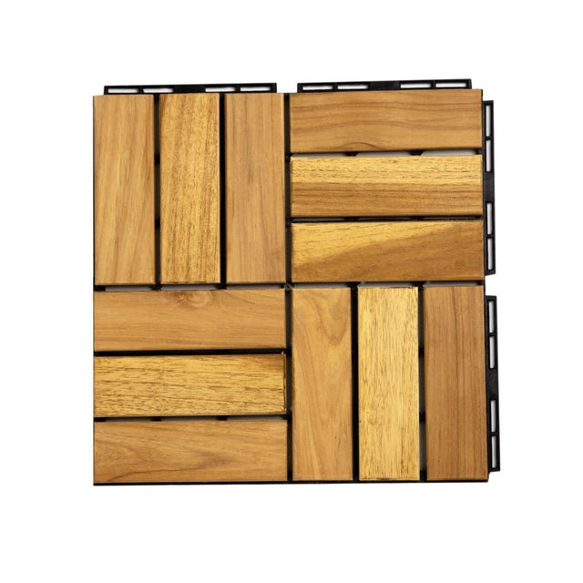 12" x 12" Square Teak Wood Interlocking Flooring Tiles Checker Pattern Pack of 10 Tiles