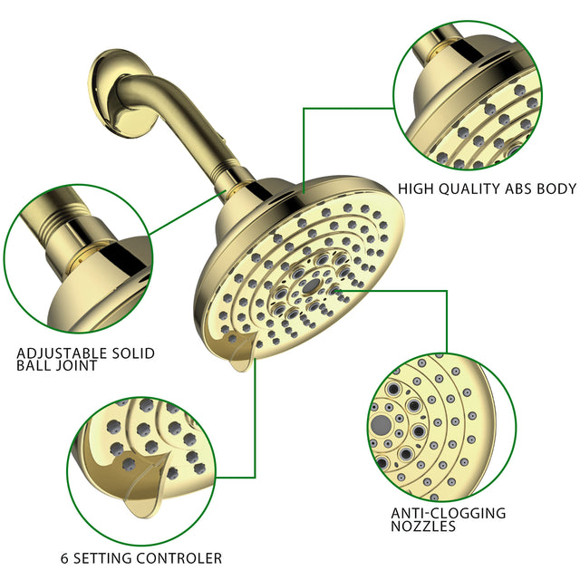 6 Spray Settings High Pressure Shower Head 5" Rain Fixed Showerhead - Gold Adjustable Shower Head with Anti-Clogging Nozzles, Low Flow Easily Installation