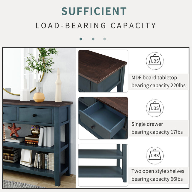 TREXM Retro Design Console Table with Two Open Shelves, Pine Solid Wood Frame and Legs for Living Room (Navy)
