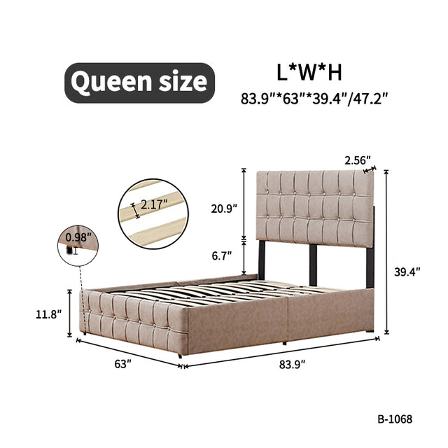 Upholstered Storage Bed Frame with 4 Drawers and Adjustable Headboard, Square Stitched Button Tech cloth, Platform Beds Frame with Wood Slat Support, No Box Spring Needed, Queen Size, Beige