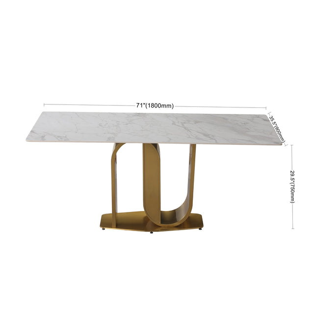 71" Contemporary Dining Table in Gold with Sintered Stone Top and U shape Pedestal Base in Gold finish with 6 pcs Chairs .